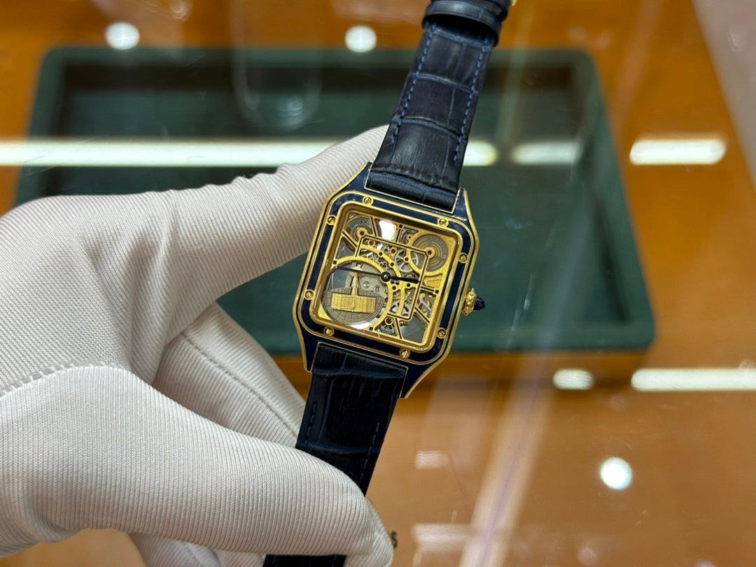 Santos Dumont Skeleton Yellow Gold Color Case with Openworked Dial and Navy Blue Leather Strap