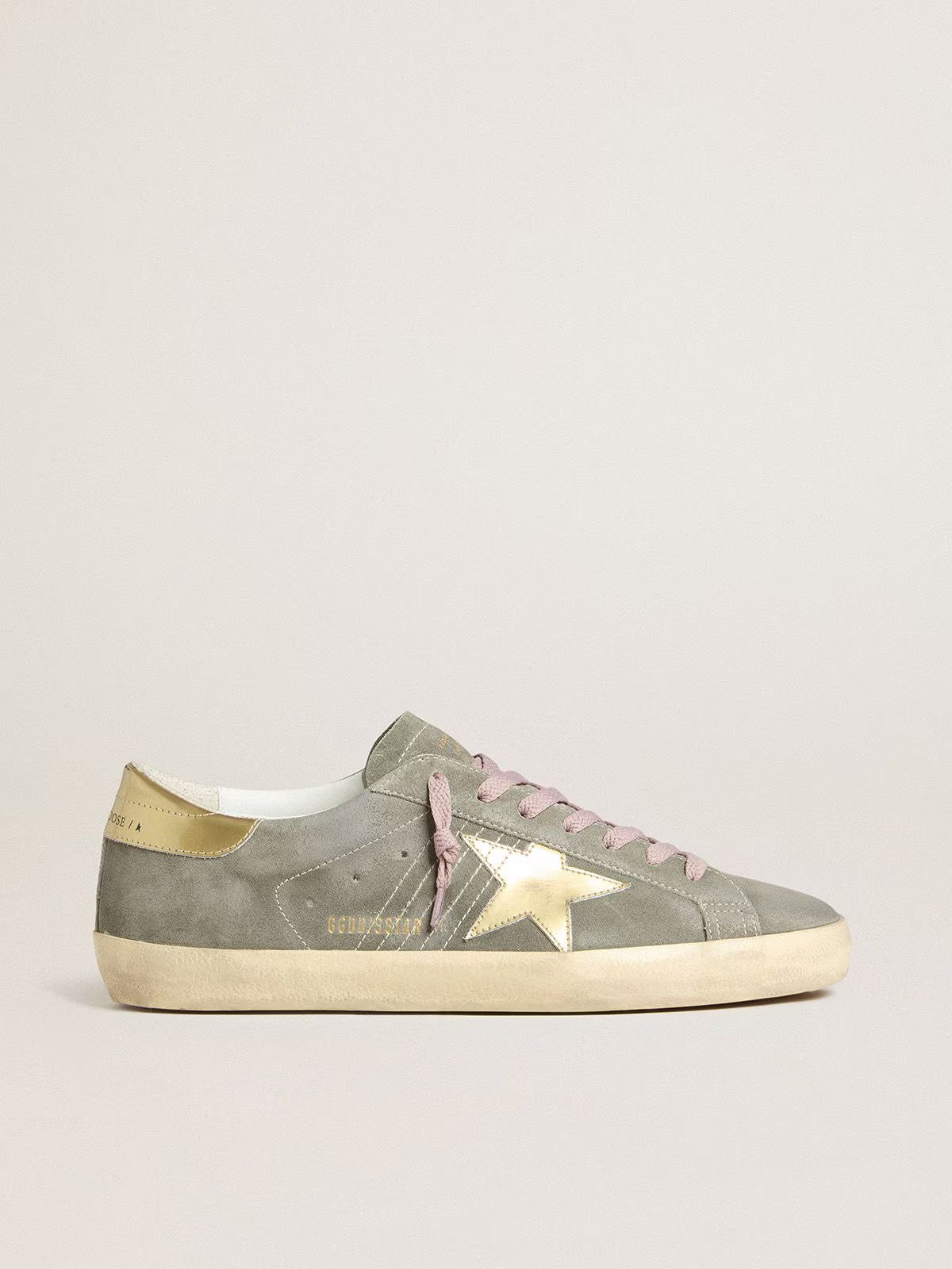 Grey suede with star and gold laminated leather heel tab