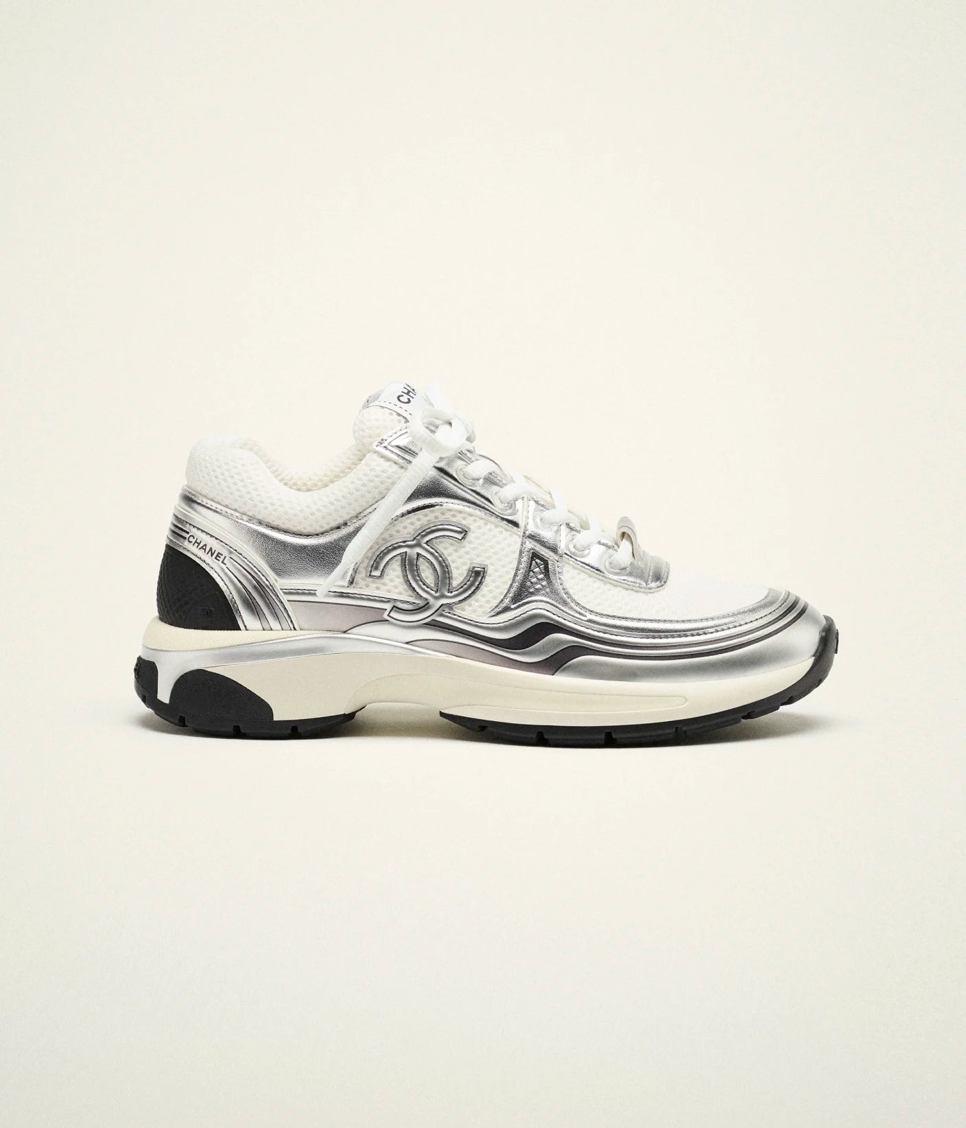White and Silver Fabric Trainers