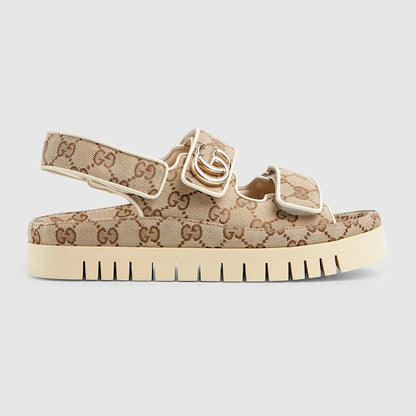 Women's sandal with Double G in beige and dark brown GG fabric