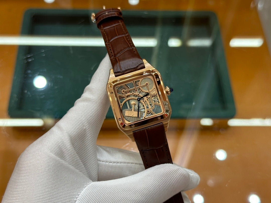 Santos Dumont Skeleton Rose Gold Color Case with Openworked Dial and Brown Leather Strap