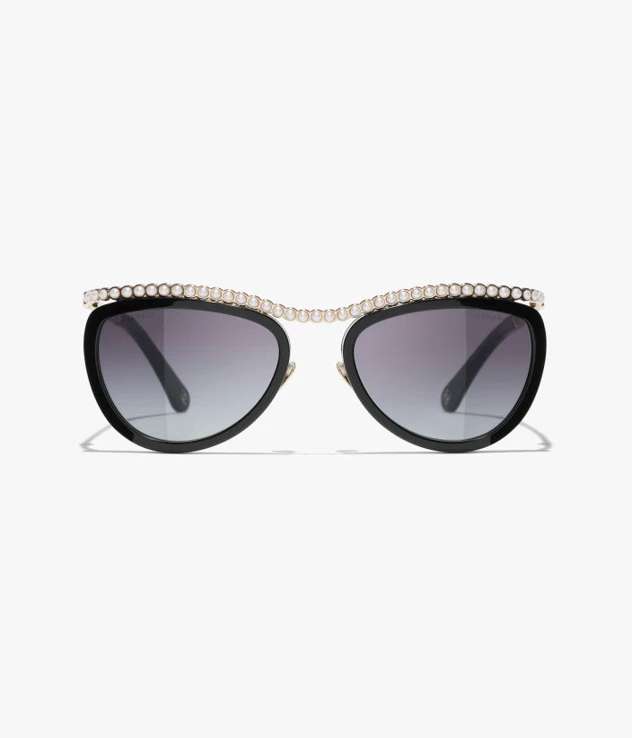 Occhiali da sole Cat Eye in acetato con lenti nere e grigie e perle finte