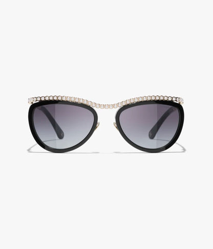 Occhiali da sole Cat Eye in acetato con lenti nere e grigie e perle finte