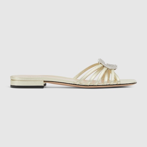 Women's slider sandal with GG criss-cross and crystals