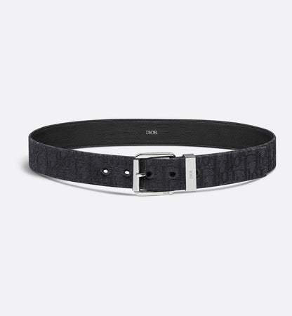 Men's black Oblique jacquard and black grained calfskin belt 35 mm