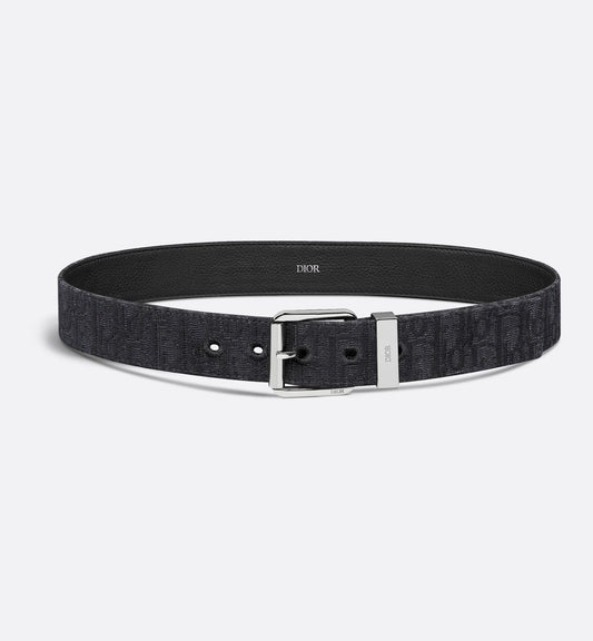 Cintura nera in jacquard Oblique e pelle di vitello martellata nera 35 mm uomo