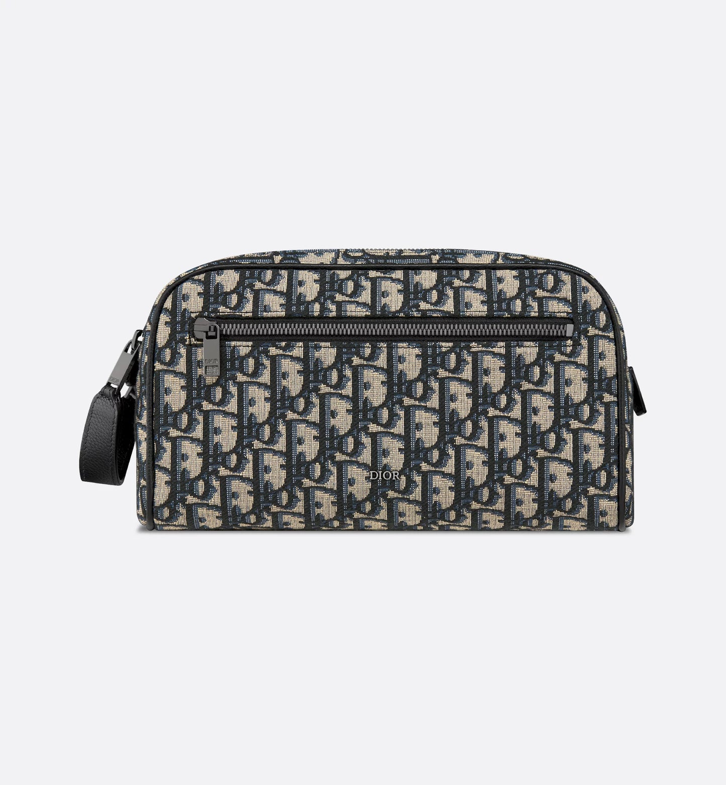 Borsa da toilette Beige e nero Jacquard Oblique con pelle di vitello martellata nera