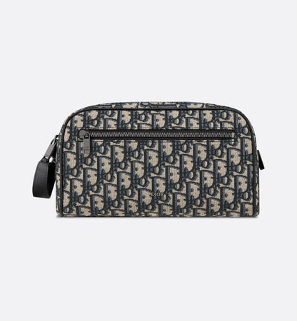 Borsa da toilette Beige e nero Jacquard Oblique con pelle di vitello martellata nera