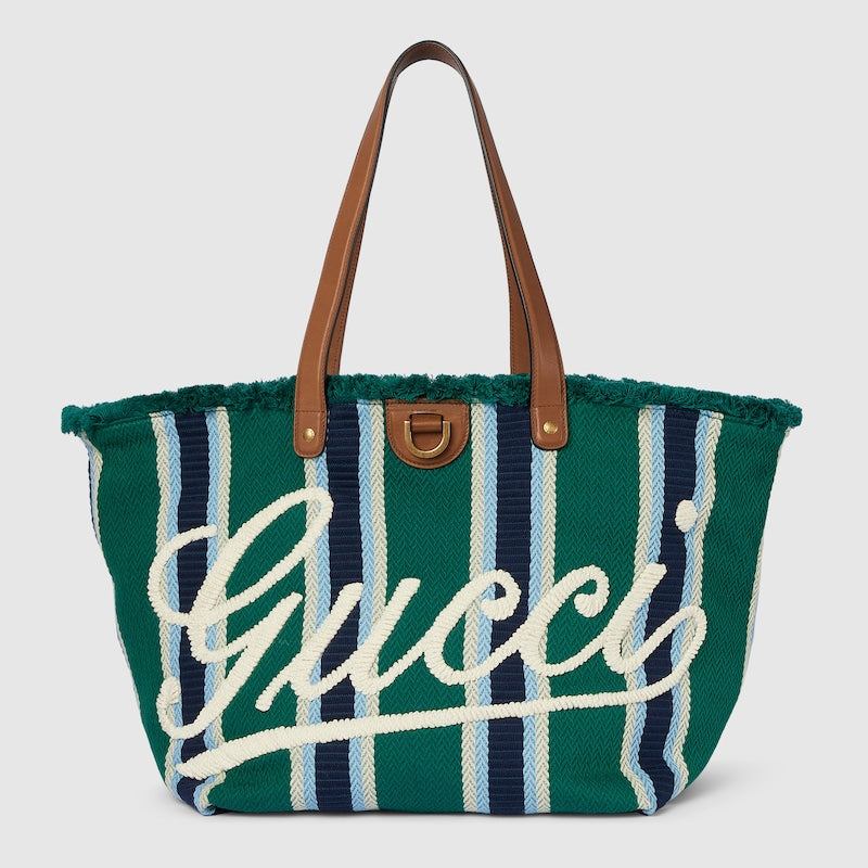 Borsa Shopping in Tessuto Ricamato Verde Misura Media