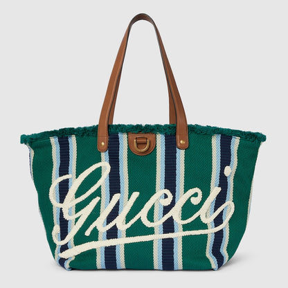 Borsa Shopping in Tessuto Ricamato Verde Misura Media