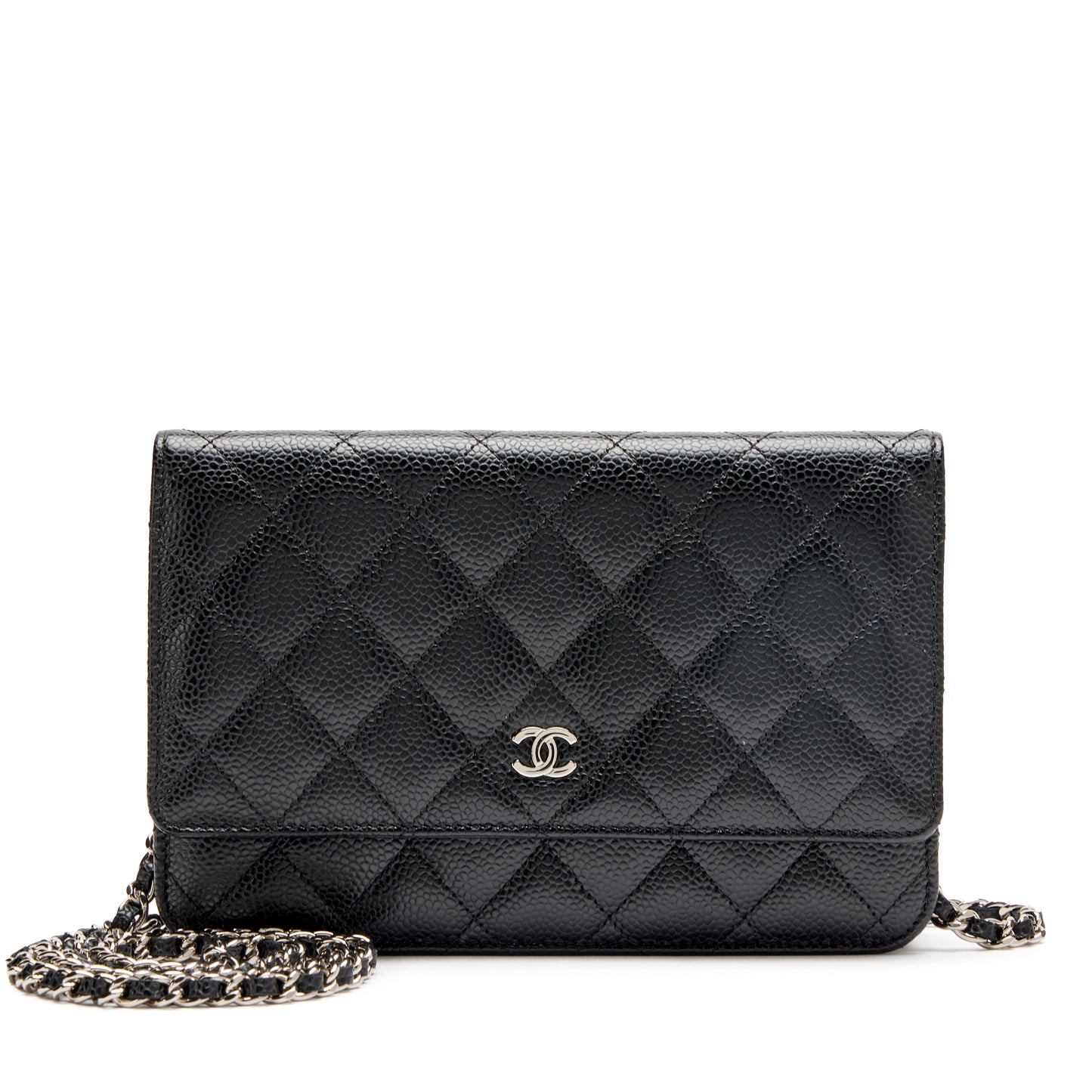 Black wallet with chain and silver logo