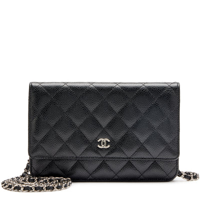 Black wallet with chain and silver logo