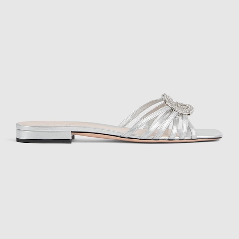 Women's slider sandal with GG criss-cross and crystal-embellished silver leather