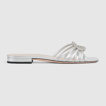 Women's slider sandal with GG criss-cross and crystal-embellished silver leather