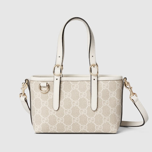 GG Emblem mini bag in beige and white fabric
