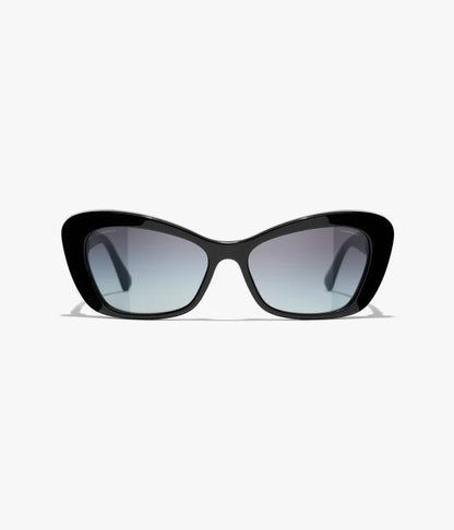 Occhiali da sole Cat Eye in acetato e vetro nero perlato e oro con lenti grigie sfumate