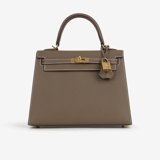 Kelly 25 Etoupe con finiture in oro Epsom
