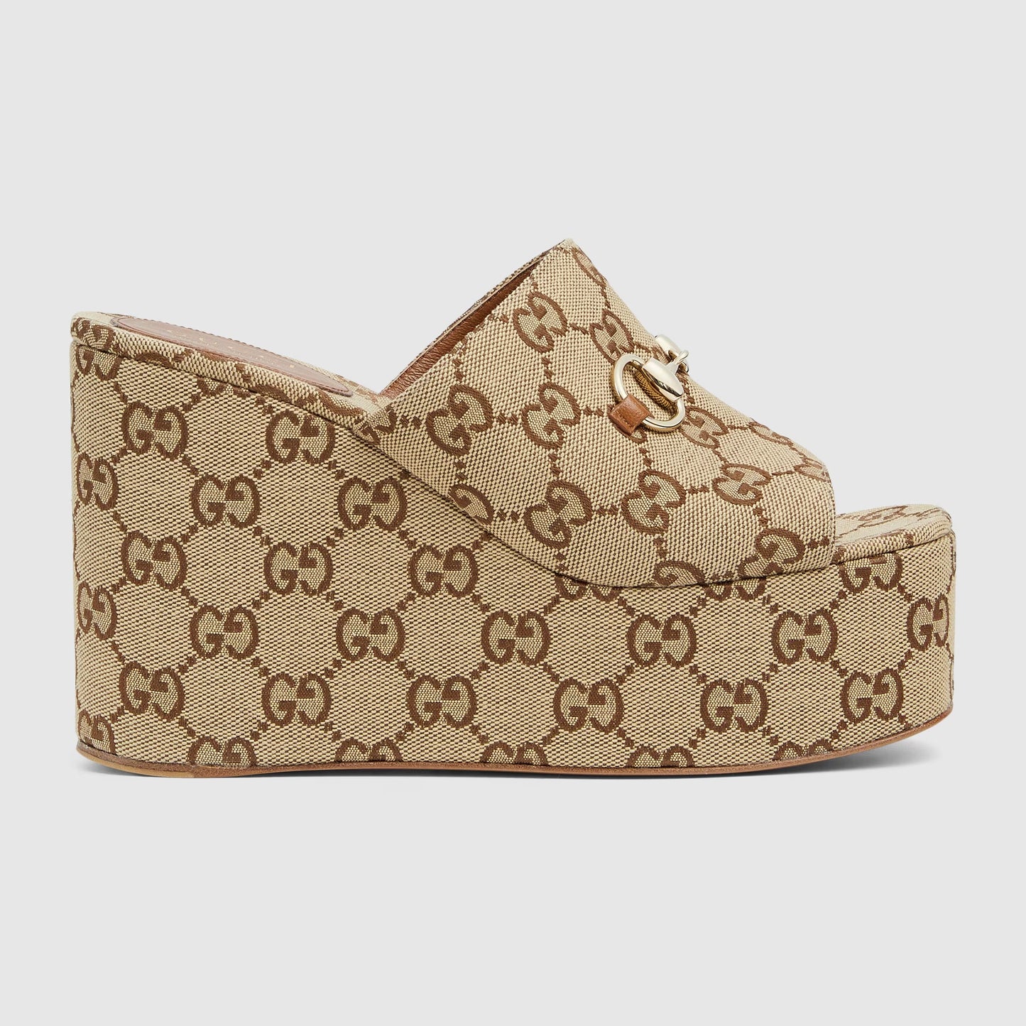 Wedge sandal with dark brown and beige GG fabric Horsebit