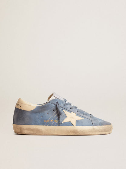 Light blue suede with star and beige leather heel tab