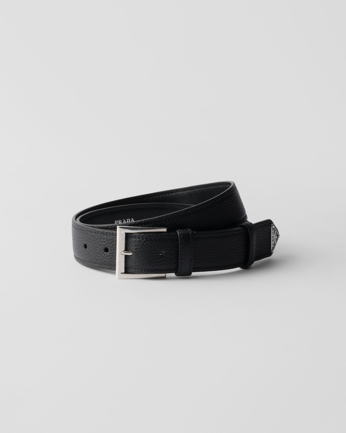 Men's black leather belt with metal buckle and triangle logo