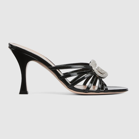 Women's silver leather GG slider sandal with crystals