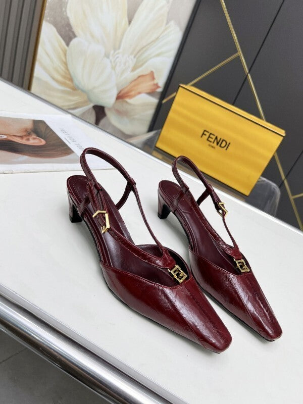 Burgundy leather kitten heel pumps with gold FF buckles