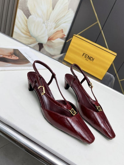 Burgundy leather kitten heel pumps with gold FF buckles