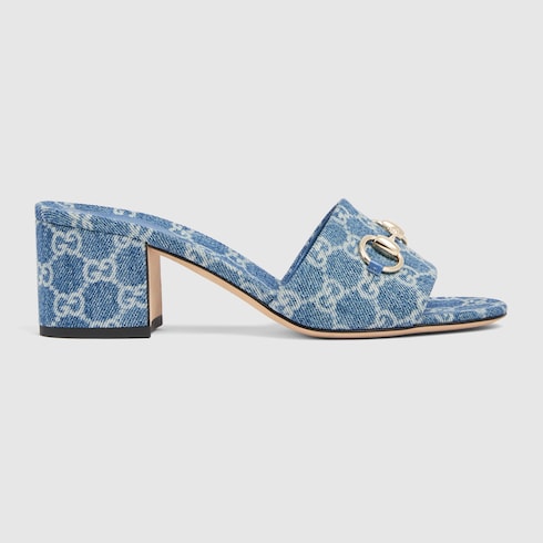 Women's blue GG denim heeled slider sandal