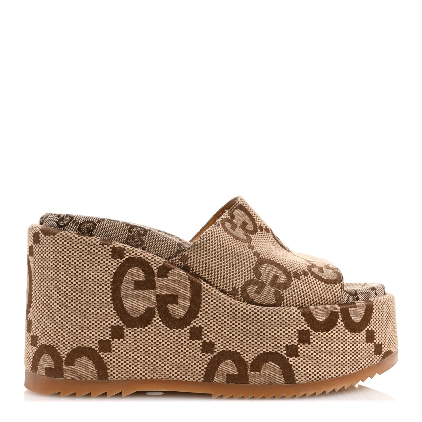 Camel and ebony GG Jumbo Monogram platform wedge sandals