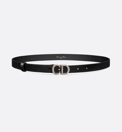 Women's 20mm black smooth calfskin saddle belt with silver-tone crystals