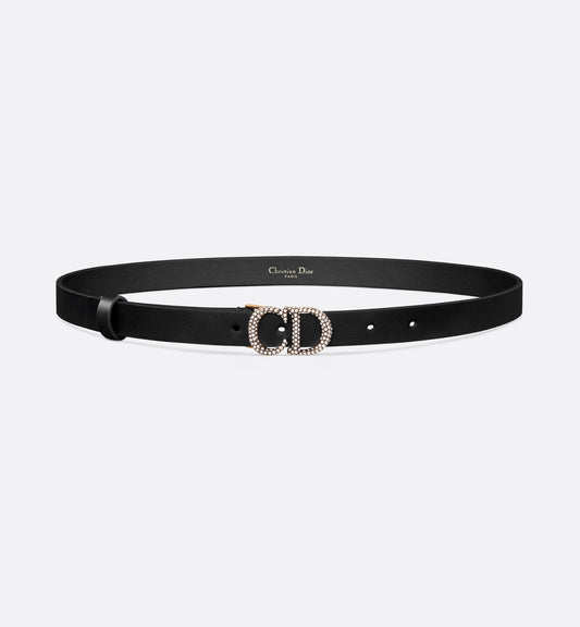 Cintura a sella in pelle di vitello liscia nera e cristalli color argento 20 mm donna