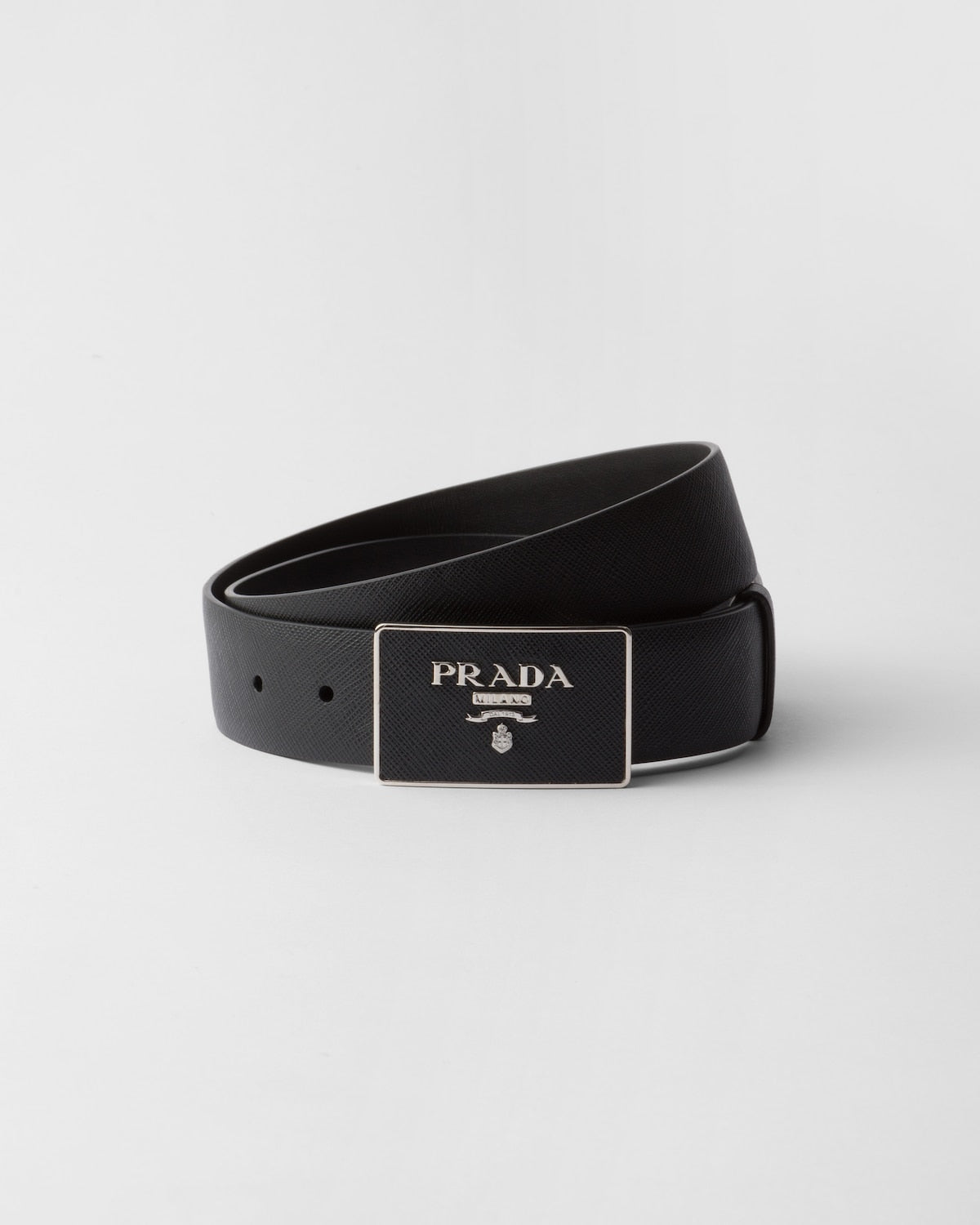 Men's black Saffiano leather belt with covered metal buckle