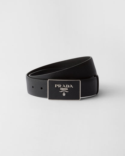 Men's black Saffiano leather belt with covered metal buckle