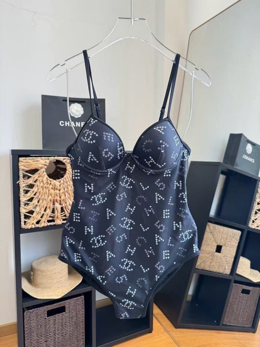 Costume Intero con Logo All-over Nero