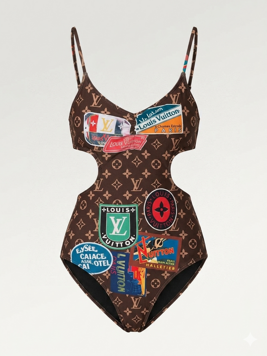 Costume Intero Monogram Patchwork Print Marrone