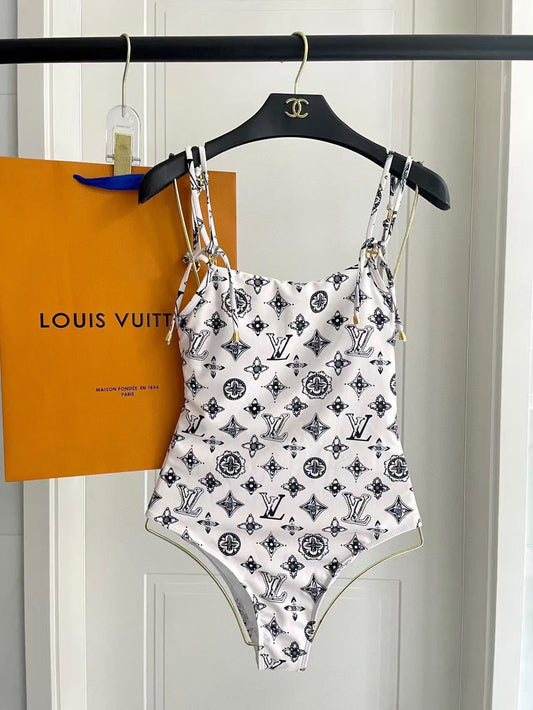 Costume Intero Geometric Monogram Print Bianco/Nero