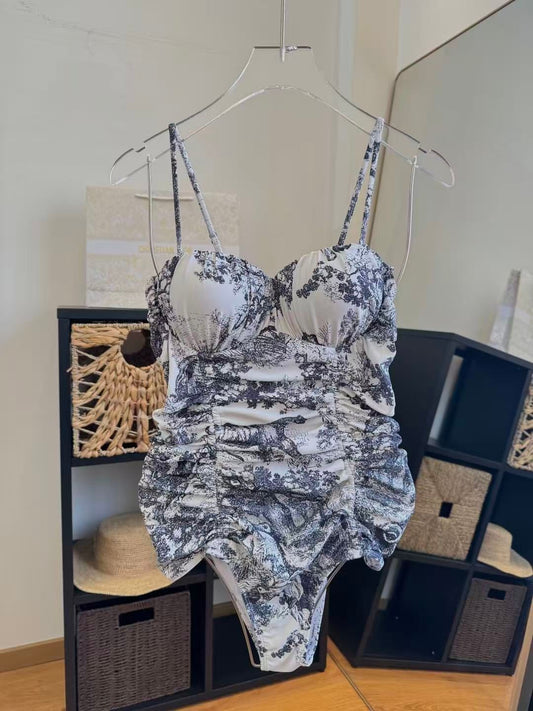 Costume Intero Increspato con Stampa Foresta