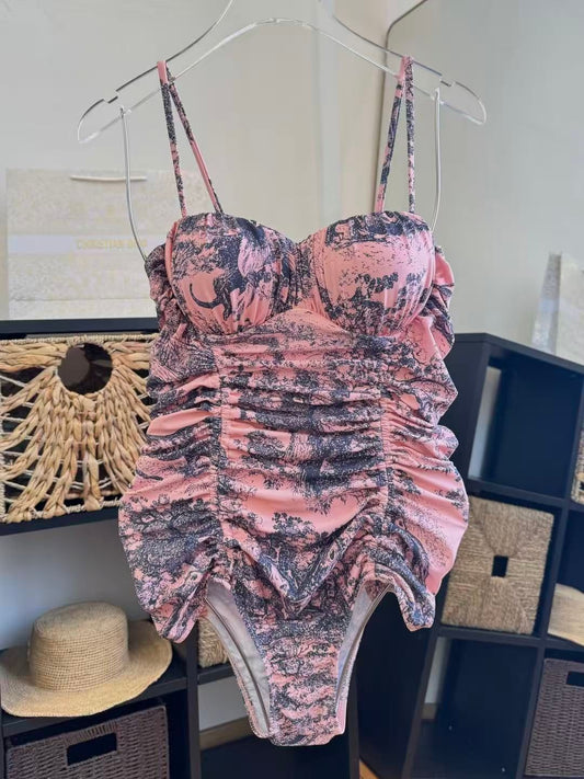 Costume Intero Increspato con Stampa Foresta Rosa