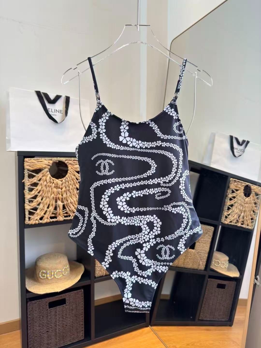 Costume Intero con Motivo Floreale Nero
