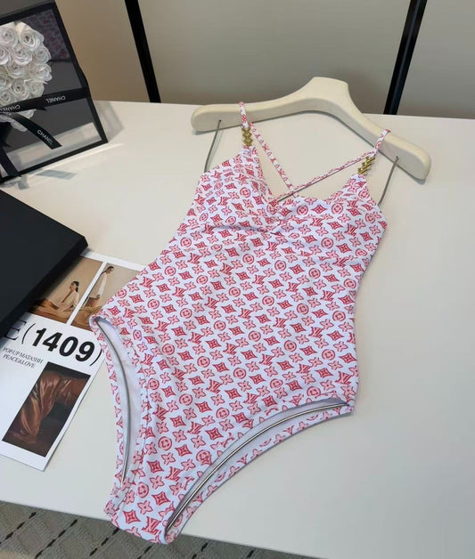 Costume Intero Monogram Print Bianco/Rosso