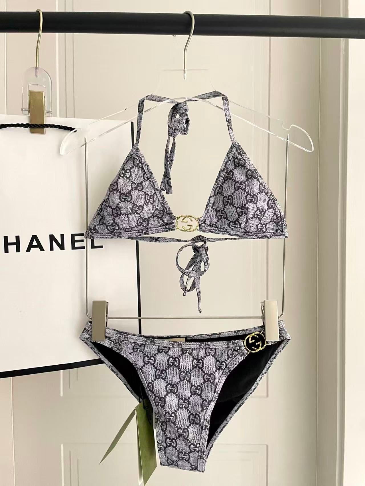 Bikini in jersey stretch con stampa GG grigio e nero
