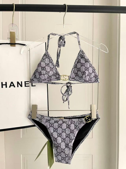 Bikini in jersey stretch con stampa GG grigio e nero