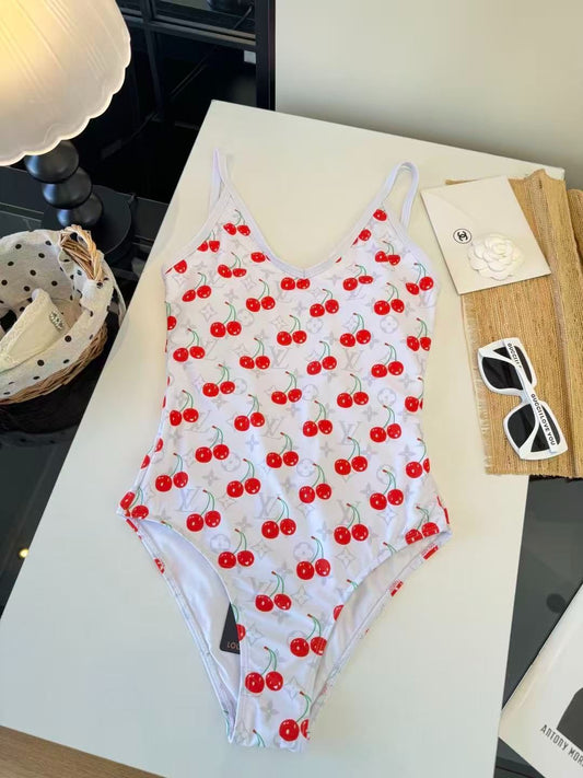 Costume Intero Cherry Monogram Print Bianco/Rosso