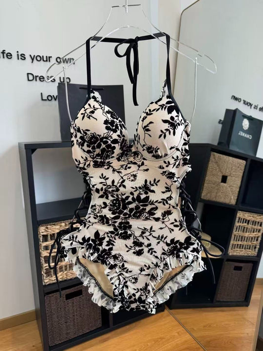 Costume Intero Floreale con Lacci Laterali Beige