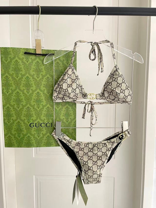 Bikini in jersey stretch con stampa GG gold e nero