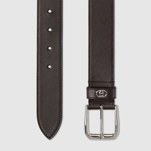 Men's brown leather GG Interlocking buckle belt