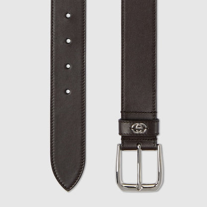 Men's brown leather GG Interlocking buckle belt