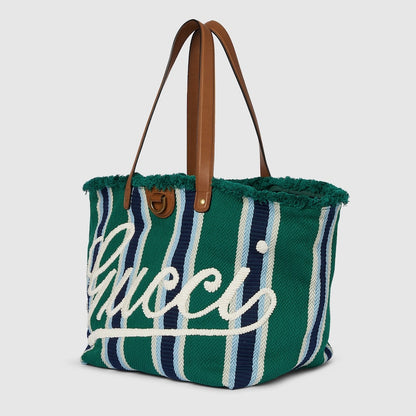 Borsa Shopping in Tessuto Ricamato Verde Misura Media