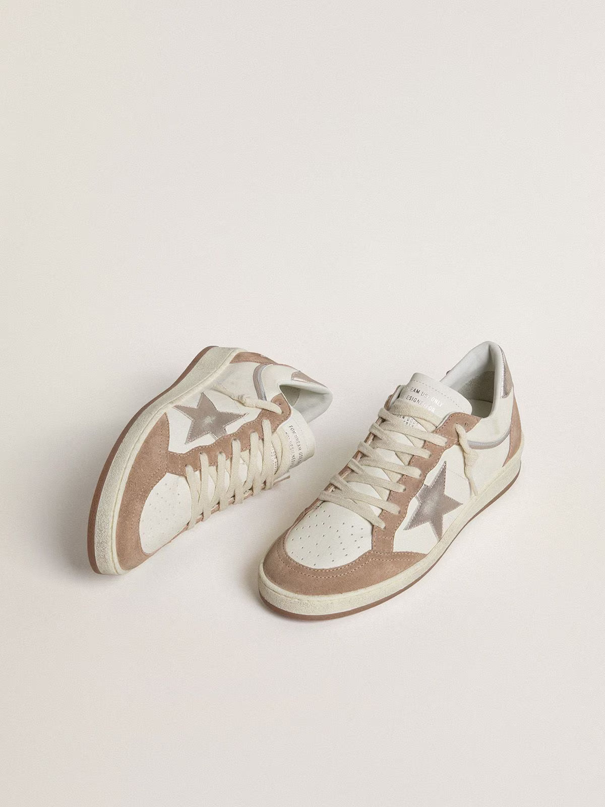 LTD in white nappa and antique rose suede with silver laminated leather star and heel tab