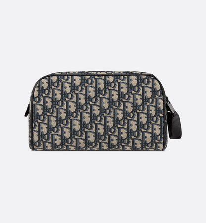 Borsa da toilette Beige e nero Jacquard Oblique con pelle di vitello martellata nera